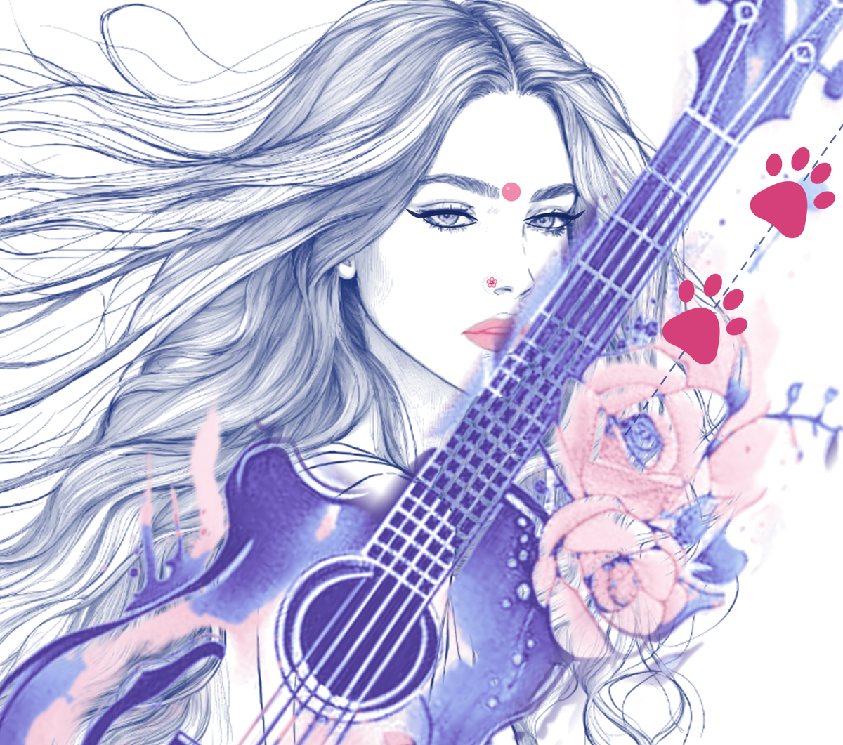 Muktkeshi logo: a woman with flowing hair, kajal-lined eyes and a pink bindi, holding a watercolor guitar with pale pink roses, beside two pink paw prints